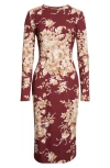 Dolce & Gabbana Dolce&gabbana Rose Print Long Sleeve Stretch Silk Charmeuse Sheath Dress In Pink