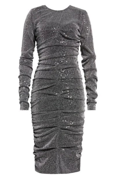 Dolce & Gabbana Dolce&gabbana Ruched Long Sleeve Sequin Midi Dress In Argento