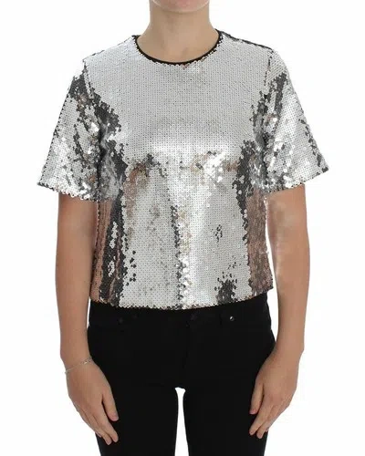 Pre-owned Dolce & Gabbana Dolce&gabbana Sicily Women Silver T-shirt 100% Polyester Sequined Fashion Blouse