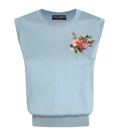 Dolce & Gabbana Dolce&gabbana Floral Appliqué Crew-neck Sweater Vest In Blue