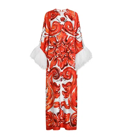 DOLCE & GABBANA DOLCE&GABBANA SILK FEATHER-TRIM MAJOLICA PRINT MAXI DRESS