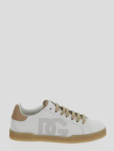 Dolce & Gabbana Portofino Light Sneakers In White And Beige Leather In Biancocrema