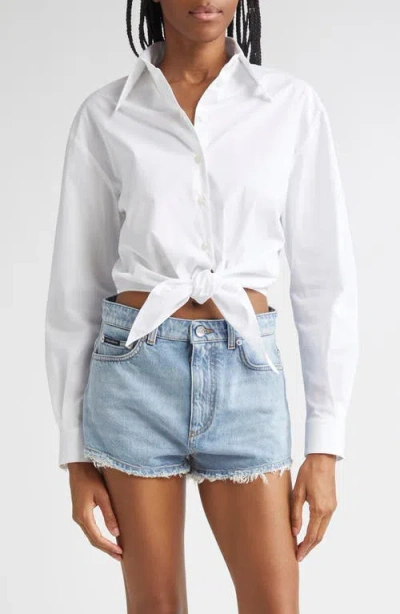 Dolce & Gabbana Dolce&gabbana Tie Font Stretch Poplin Crop Button-up Shirt In White