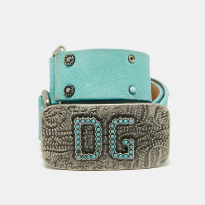 Pre-owned Dolce & Gabbana Dolce And Gabbana Turquoise Suede Studded Dg Logo Plague Belt 80cm