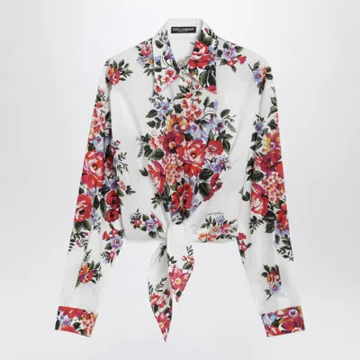 DOLCE & GABBANA DOLCE&GABBANA WHITE CROPPED SHIRT WITH FLORAL PRINT