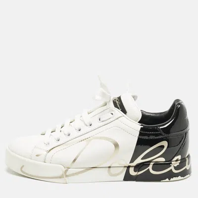 Pre-owned Dolce & Gabbana Dolce And Gabbana White/black Leather Portofino Low Top Sneakers Size 38