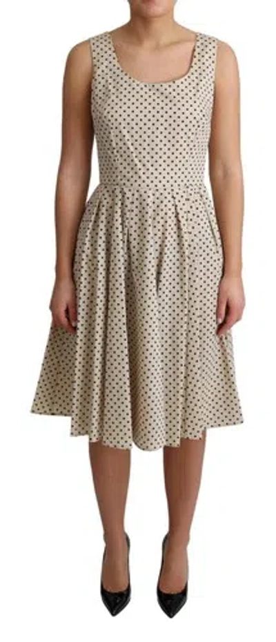 Pre-owned Dolce & Gabbana Dolce&gabbana Women Beige Dress 100% Cotton Polka Dotted Idi A-line Msundress