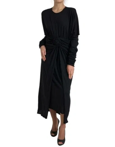 Pre-owned Dolce & Gabbana Dolce&gabbana Women Black Dress 100% Wool Solid Long Sleeves Sheath Bodycon Wrap