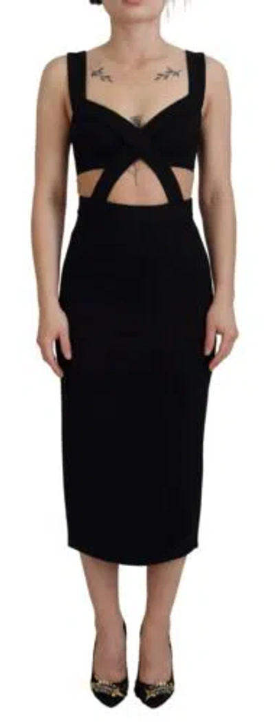 Pre-owned Dolce & Gabbana Dolce&gabbana Women Black Dress Viscose Stretch Open Belly Sheath Bodycon Wrap
