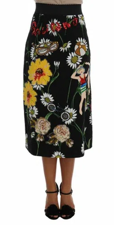 Pre-owned Dolce & Gabbana Dolce&gabbana Women Black Embellished Daisy Brocade Skirt Bodycon Wrap