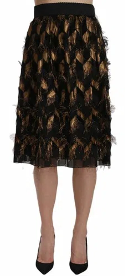 Pre-owned Dolce & Gabbana Dolce&gabbana Women Black Gold Fringe Metallic Pencil A-line Skirt Bodycon Wrap