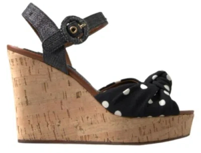 Pre-owned Dolce & Gabbana Dolce&gabbana Women Black Sandals Cotton Polka Dotted Ankle Strap Wedge Shoes
