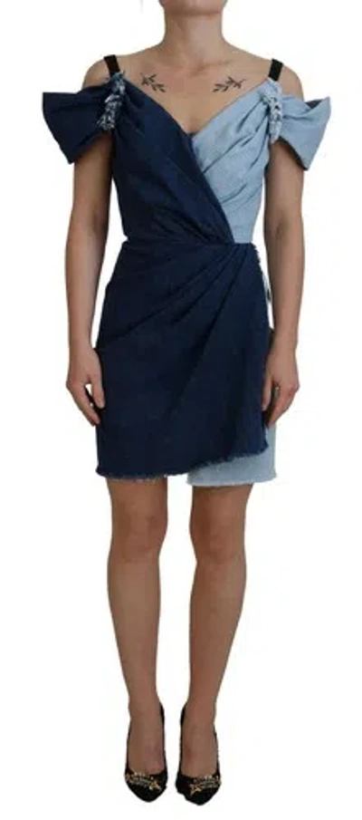 Pre-owned Dolce & Gabbana Dolce&gabbana Women Blue Dress Cotton Stretch Patchwork Denim Mini Bodycon Wrap