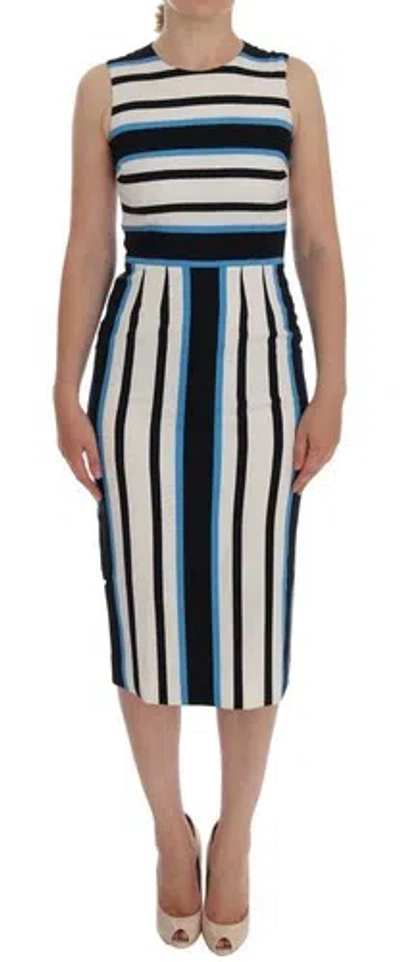 Pre-owned Dolce & Gabbana Dolce&gabbana Women Blue Dress Silk Striped Midi Sleeveless Bodycon Wrap It 38