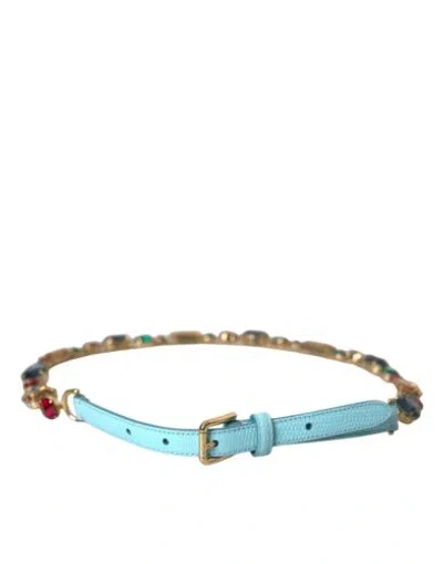 Pre-owned Dolce & Gabbana Dolce&gabbana Women Blue Waist Belt Leather Brass Crystals Chain Strap 85cm 34″