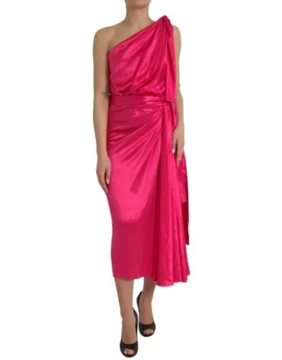 Pre-owned Dolce & Gabbana Dolce&gabbana Women Fuchsia Pink Dress 100% Silk One-shoulder Midi Gown Sz It 44