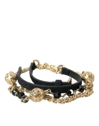 Pre-owned Dolce & Gabbana Dolce&gabbana Women Gold Black Waist Belt Suede Leather Crystal Midi Chain Strap