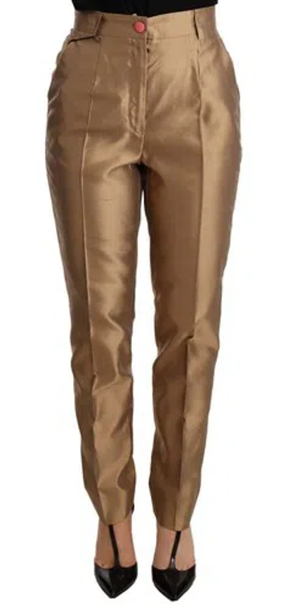 Pre-owned Dolce & Gabbana Dolce&gabbana Women Gold Pants 100% Silk High Waist Tapered Trousers Sz It 36 Xs