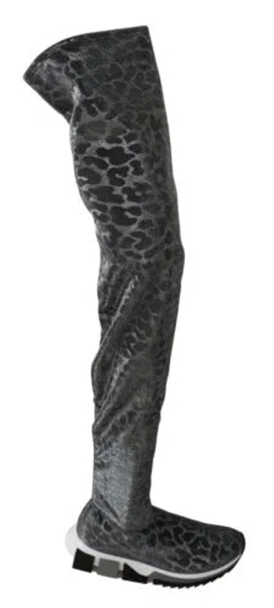 Pre-owned Dolce & Gabbana Dolce&gabbana Women Gray Sneakers Boots Leopard Print Above Knee Bootie Trainers
