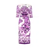 Dolce & Gabbana Violet Crewneck Dress With Rear Zip Closure And All-over Floral Print In Silk Stretch Woman