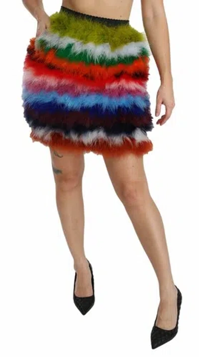 Pre-owned Dolce & Gabbana Dolce&gabbana Women Multicolor Skirt Turkey Feather Striped Fluffy Mini Bodycon