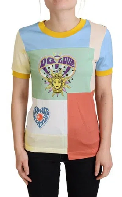 Pre-owned Dolce & Gabbana Dolce&gabbana Women Multicolor T-shirt 100% Cotton Patchwork Print Crew Neck Top