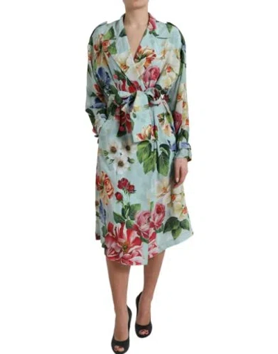 Pre-owned Dolce & Gabbana Dolce&gabbana Women Multicolor Trench Coat 100% Silk Floral Print Midi Overcoat