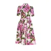 Dolce & Gabbana Pink Crewneck Dress With Logo Lettering Detail On The Front And All-over Floral Motif In Cotton Woma