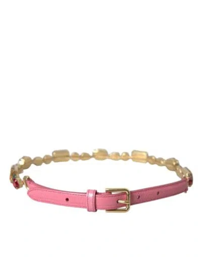 Pre-owned Dolce & Gabbana Dolce&gabbana Women Pink Waist Belt Leather Brass Crystal Embroidery Chain Strap