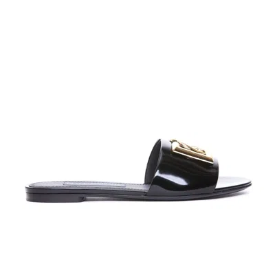 DOLCE & GABBANA DOLCE&GABBANA WOMEN POLISHED CALFSKIN SLIDE SANDALS WITH DG LOGO