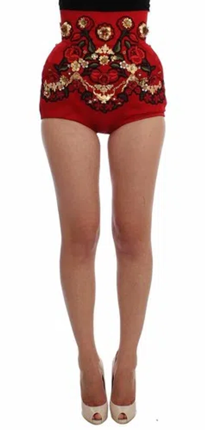 Pre-owned Dolce & Gabbana Dolce&gabbana Women Red Hot Pants Silk Crystals Roses High Waist Zip Mini Shorts