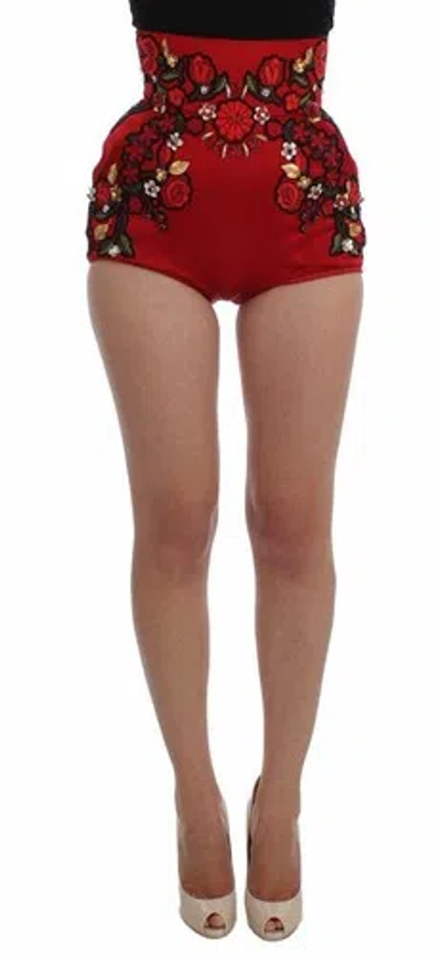 Pre-owned Dolce & Gabbana Dolce&gabbana Women Red Mini Shorts Silk High Waist Floral Hot Pants Size It 40