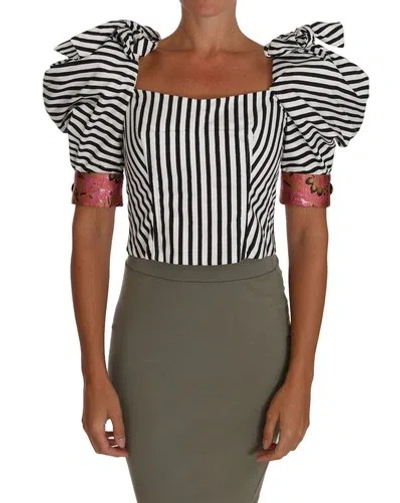 Pre-owned Dolce & Gabbana Dolce&gabbana Women White Black Blouse Cotton Striped Puff Sleeves Corset Shirt