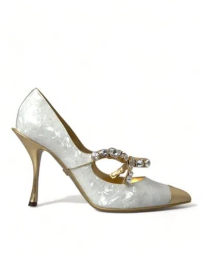 Pre-owned Dolce & Gabbana Dolce&gabbana Women White Gold Pumps Leather Crystal Mary Jain High Heel Shoes