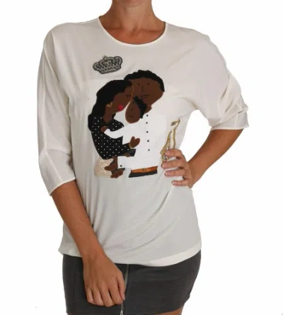 Pre-owned Dolce & Gabbana Dolce&gabbana Women White T-shirt Silk Kimono 3/4 Sleeves Applique Casual Blouse