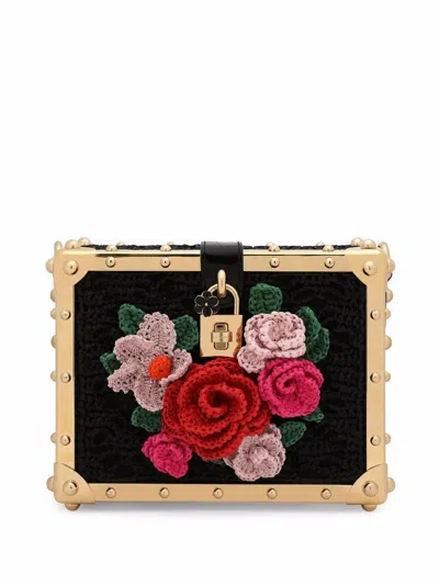 Dolce & Gabbana Dolce Box Woven-rose Shoulder Bag In Black
