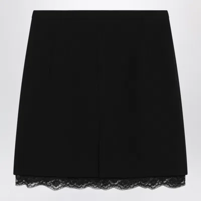 Dolce & Gabbana Dolce E Gabbana Black Double Wool Crepe Mini Skirt With Lace Trim And Front Slit