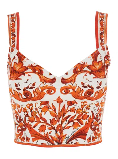 Dolce & Gabbana Dolce E Gabbana Bustier V-neck Silk-blend Top With All-over Majolica Print In Orange