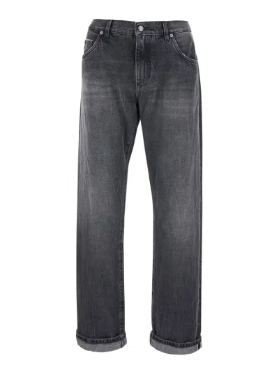 Dolce & Gabbana Dolce E Gabbana Denim Jeans With Logo Patch Pocket, Faded Wash & Straight Hem In Gray
