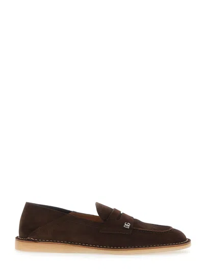 Dolce & Gabbana Dolce E Gabbana Florio Suede Loafers With Dg Logo Side Detail In Brown