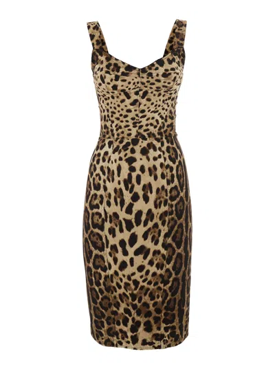 Dolce & Gabbana Dolce E Gabbana Heart-neckline Bustier Midi Dress With Leopard Front Motif In Stretch Silk Blend In Animal Print