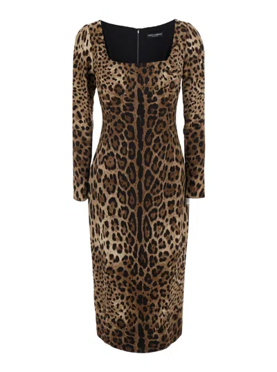 Dolce & Gabbana Dolce E Gabbana Leopard Print Stretch Viscose Midi Dress With Square Neckline In Animal Print