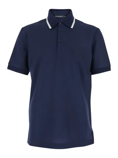 Dolce & Gabbana Dolce E Gabbana Logo Front Tech Fabric Polo Shirt For Men With Classic Collar In Blue