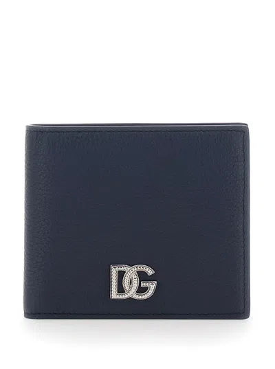 Dolce & Gabbana Dolce E Gabbana Men's Bi-fold Leather Wallet With Front Logo Plate (11x8x2 Cm) In Blu