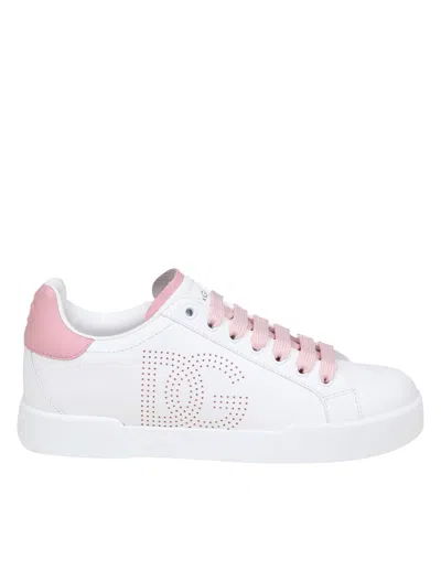 DOLCE & GABBANA DOLCE E GABBANA PORTOFINO LIGHT SNEAKERS IN WHITE AND PINK LEATHER