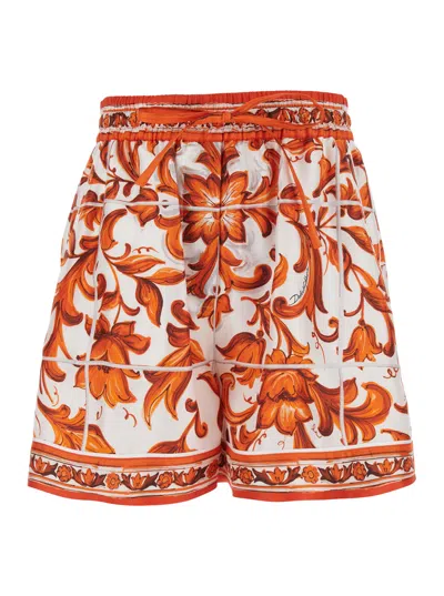 Dolce & Gabbana Dolce E Gabbana Silk Bermuda Shorts With All-over Ceramic Tile Print In Orange