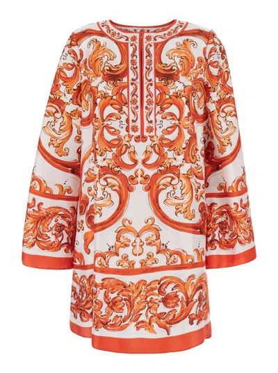 Dolce & Gabbana Dolce E Gabbana Silk Mini Dress With Wide Long Sleeves And All-over Motif In Orange