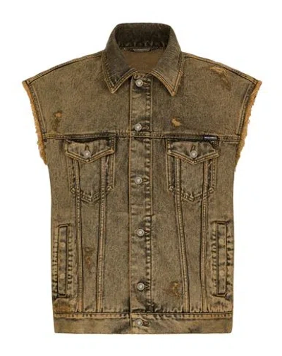 Dolce & Gabbana Denim Vest Jacket Man Denim Outerwear Brown Size 40 Cotton