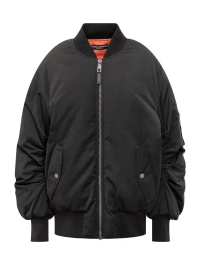 Dolce & Gabbana Nylon Bomber Jacket With Orange Lining In Black
