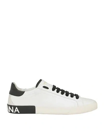 Dolce & Gabbana Portofino White Low Top Sneakers With Patch Logo And Red Stitching In Smooth Leather Man